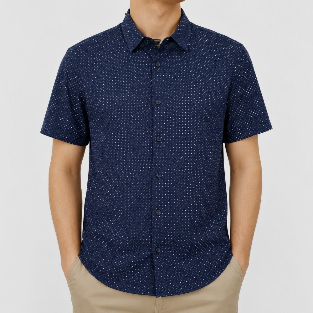 John Varvatos USA Shirt Mens Large Navy Luxe Short Sleeve Button Front Dot Print